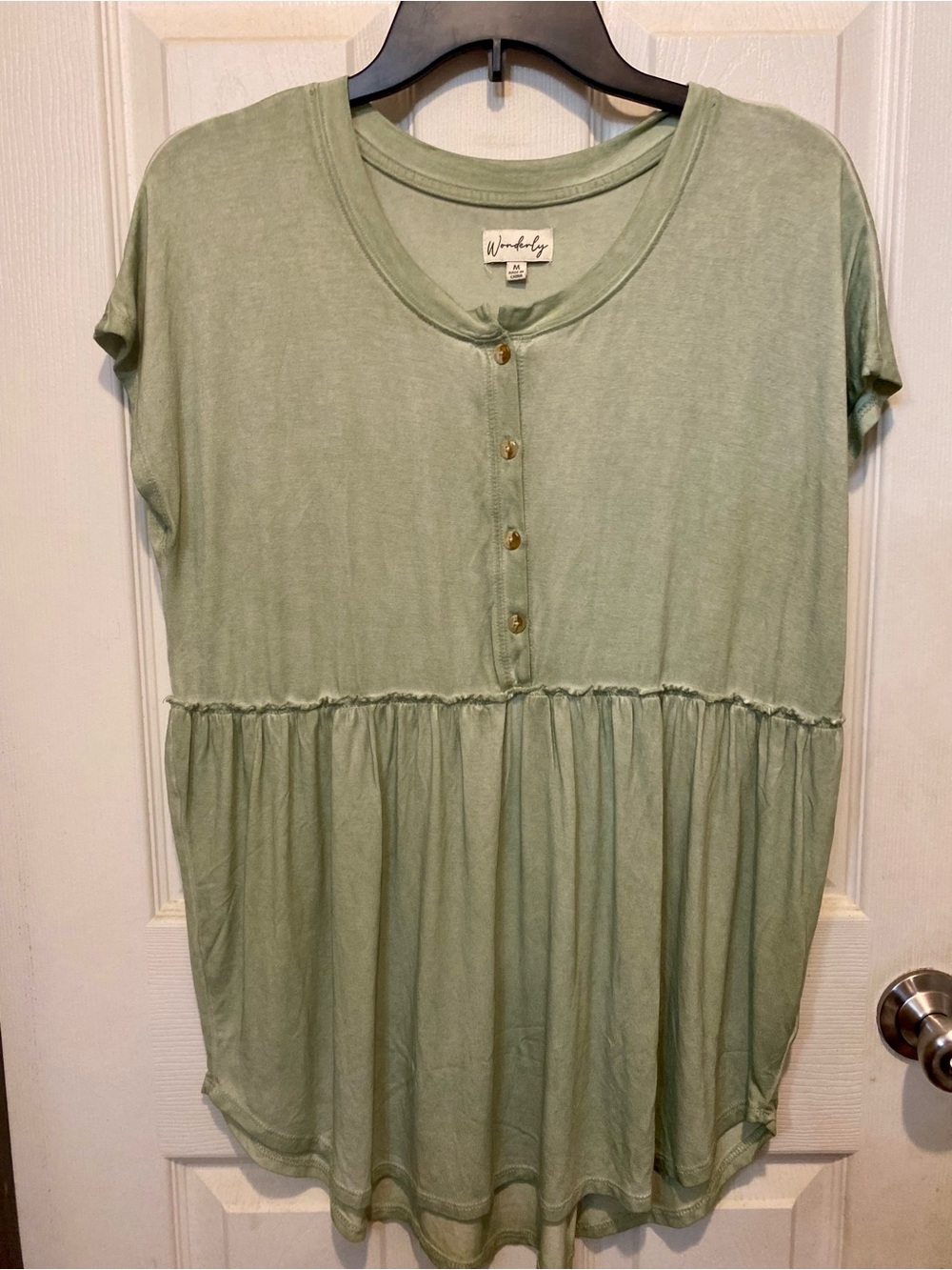 Wonderly Light Sage Short Sleeve Button-Front Peplum Tunic